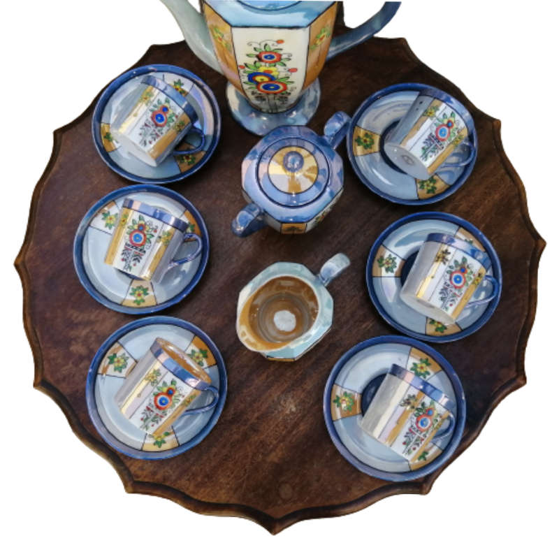 Mikori Japan Lustreware Blue Gold Espresso vintage Coffee Set