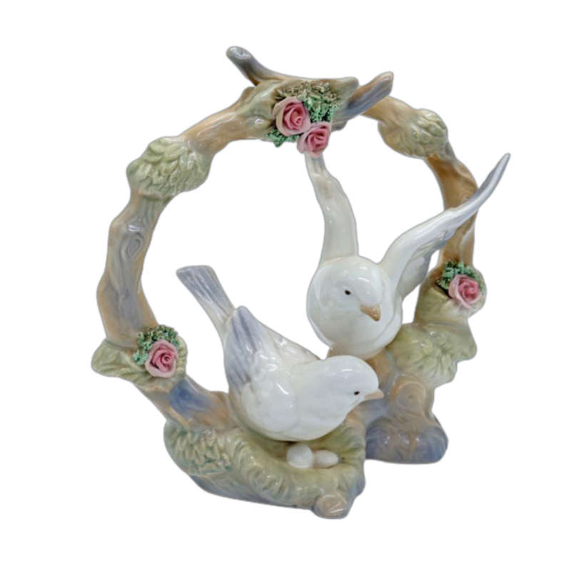 Spanish Porceval Villamarchante Valencia `Lovebird` figurine with encrusted flowers