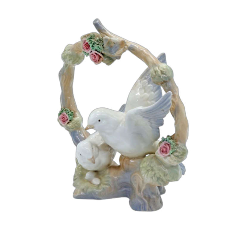 Spanish Porceval Villamarchante Valencia `Lovebird` figurine with encrusted flowers
