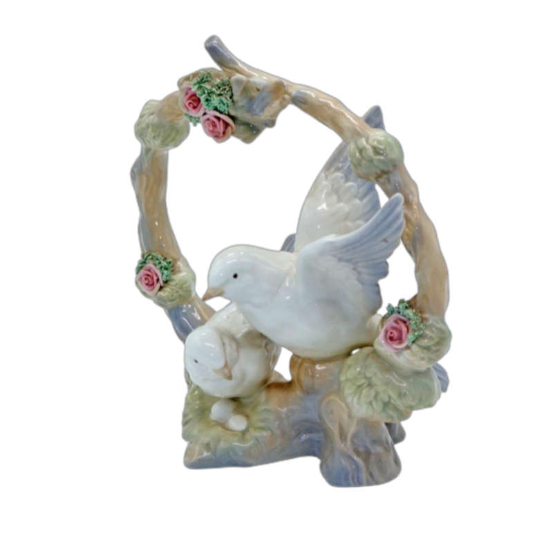 Spanish Porceval Villamarchante Valencia `Lovebird` figurine with encrusted flowers