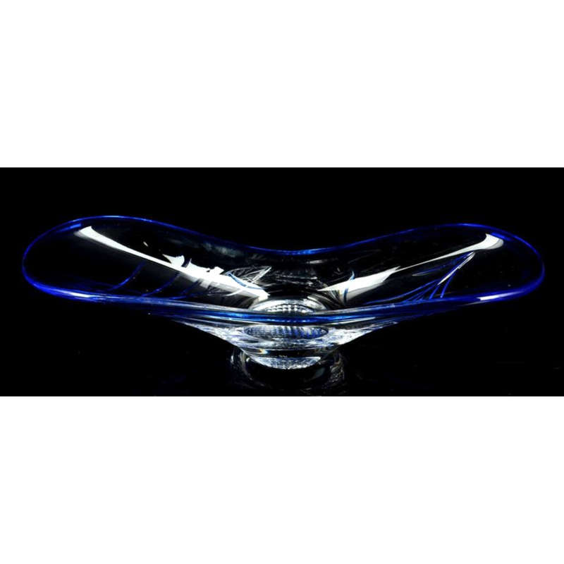 Stunning Large Cut Glass boat shaped bowl with etched leaf design with cobalt blue rim