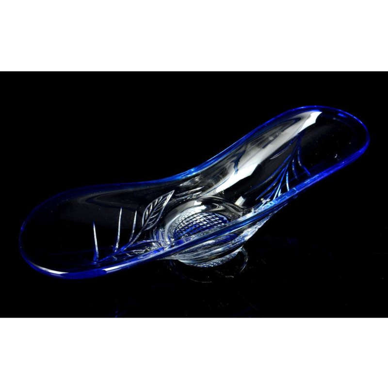 Stunning Large Cut Glass boat shaped bowl with etched leaf design with cobalt blue rim