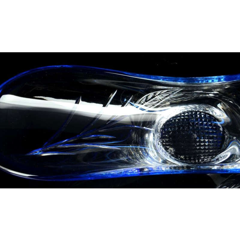 Stunning Large Cut Glass boat shaped bowl with etched leaf design with cobalt blue rim