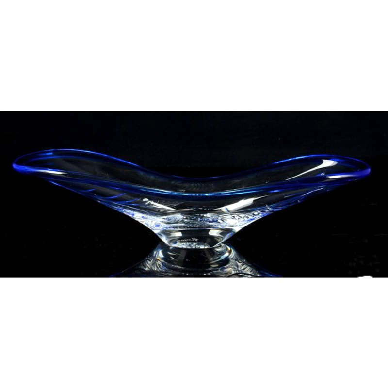 Stunning Large Cut Glass boat shaped bowl with etched leaf design with cobalt blue rim