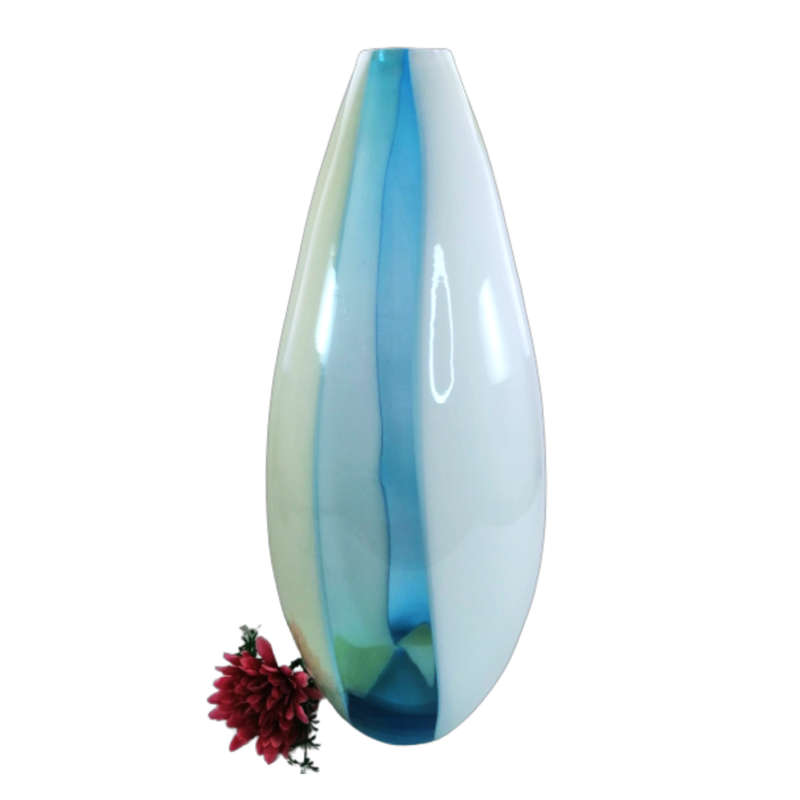 Art Glass Large Vase, Stripes of White Blue and Yellow