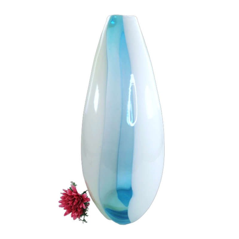 Art Glass Large Vase, Stripes of White Blue and Yellow