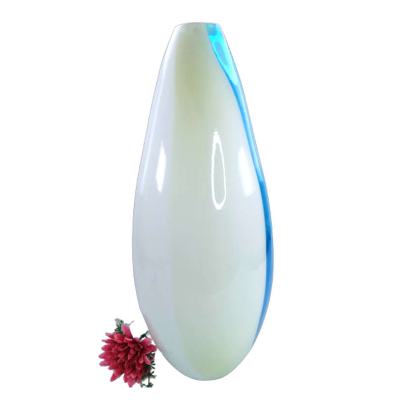 Art Glass Large Vase, Stripes of White Blue and Yellow