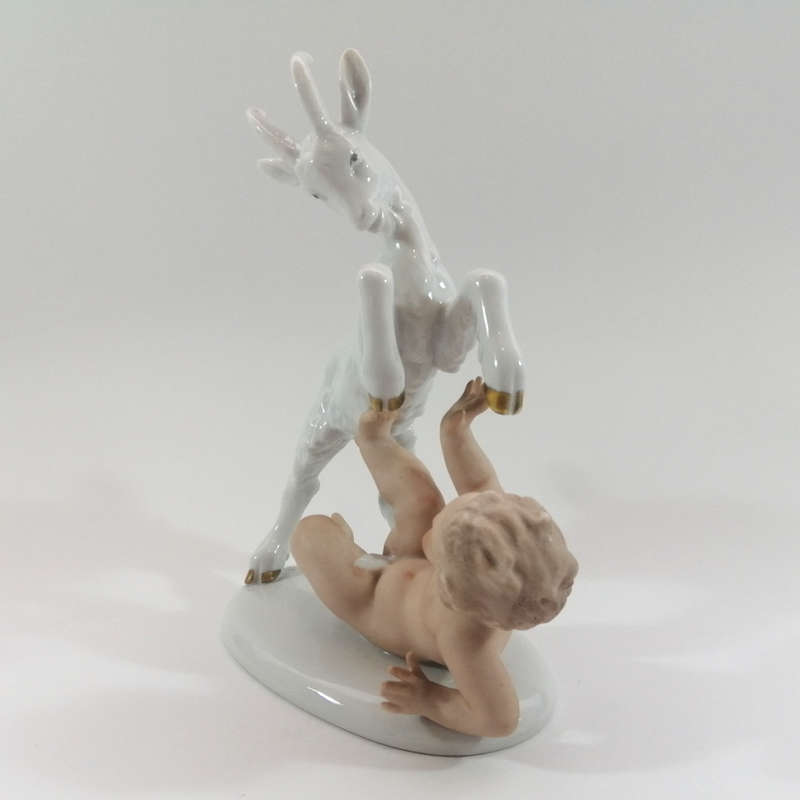 Early 20th century German Wellendorf Porcelain Figurine Bisque Putti with Billy Goat