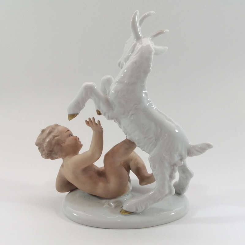Early 20th century German Wellendorf Porcelain Figurine Bisque Putti with Billy Goat