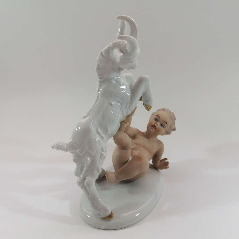 Early 20th century German Wellendorf Porcelain Figurine Bisque Putti with Billy Goat