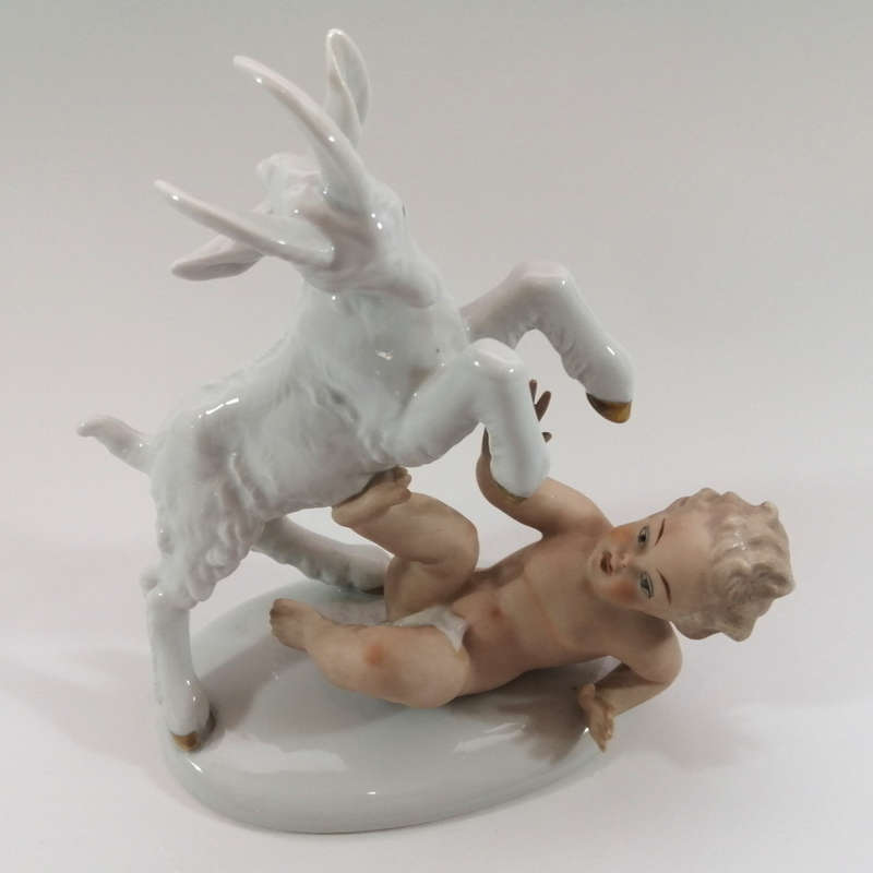 Early 20th century German Wellendorf Porcelain Figurine Bisque Putti with Billy Goat