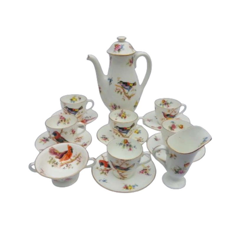 Antique Royal Doulton Coffee Set 15 pc Exotic Birds H1422