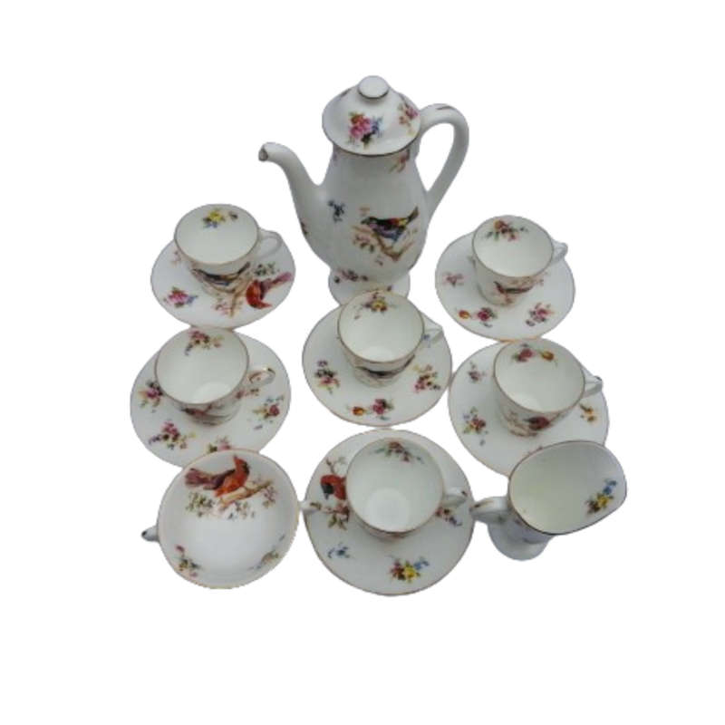 Antique Royal Doulton Coffee Set 15 pc Exotic Birds H1422