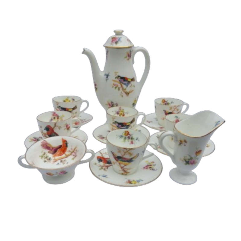 Antique Royal Doulton Coffee Set 15 pc Exotic Birds H1422