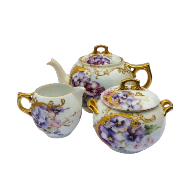 Limoges A L France Tea Set Purple Pansies with Gold Accents