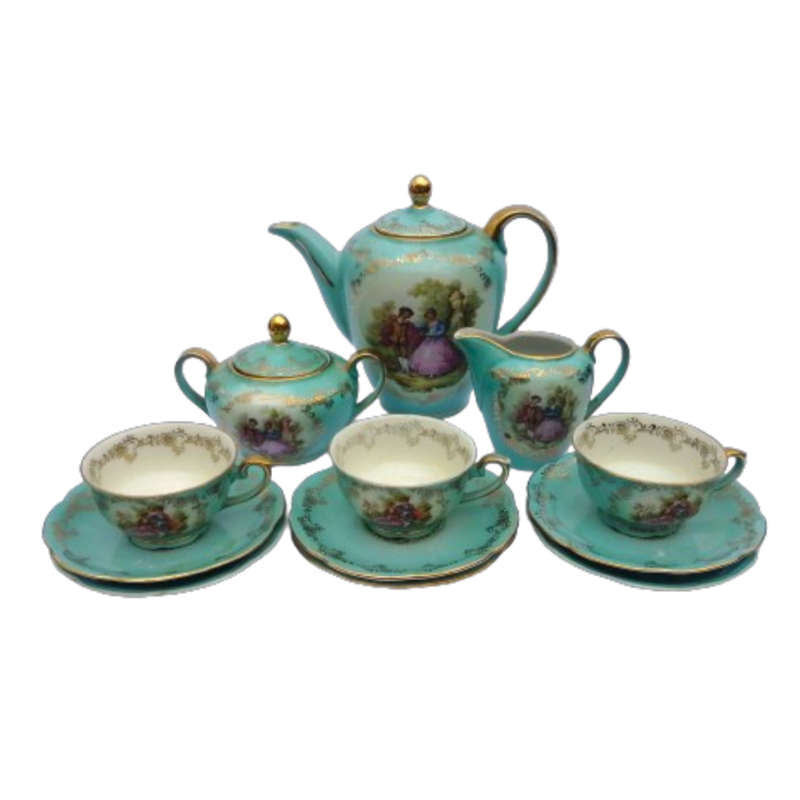 Antique Tea Set Gloria Rembrandt Germany Porcelain Gilt Green Couple