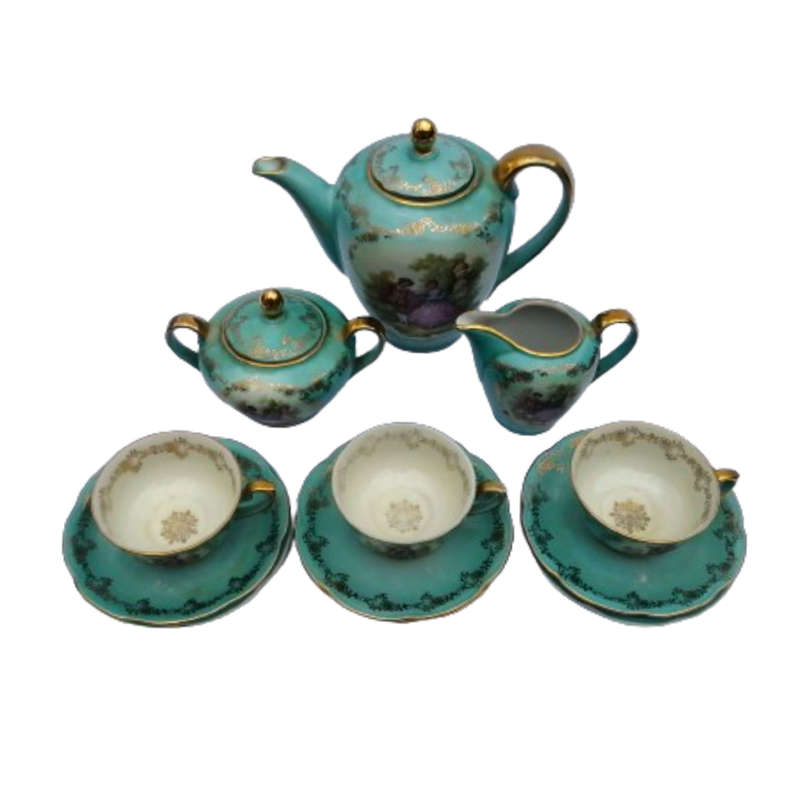Antique Tea Set Gloria Rembrandt Germany Porcelain Gilt Green Couple