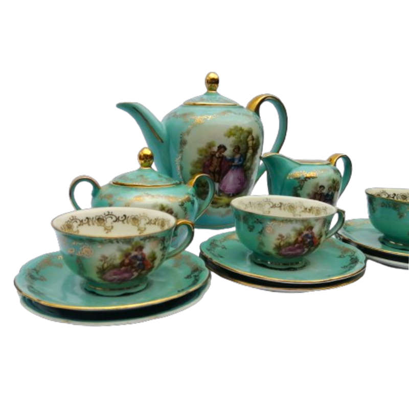 Antique Tea Set Gloria Rembrandt Germany Porcelain Gilt Green Couple