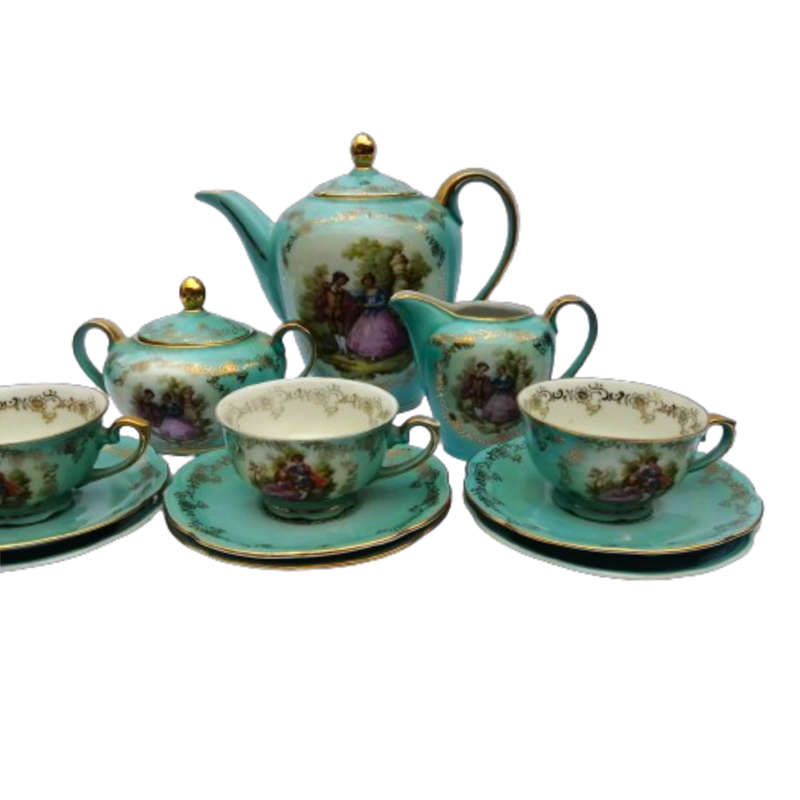 Antique Tea Set Gloria Rembrandt Germany Porcelain Gilt Green Couple