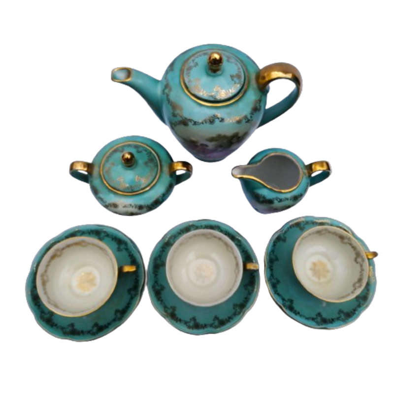 Antique Tea Set Gloria Rembrandt Germany Porcelain Gilt Green Couple