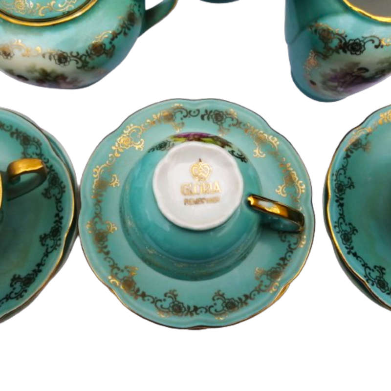 Antique Tea Set Gloria Rembrandt Germany Porcelain Gilt Green Couple