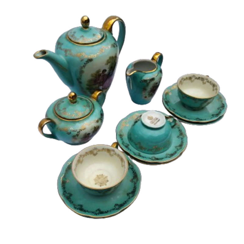 Antique Tea Set Gloria Rembrandt Germany Porcelain Gilt Green Couple