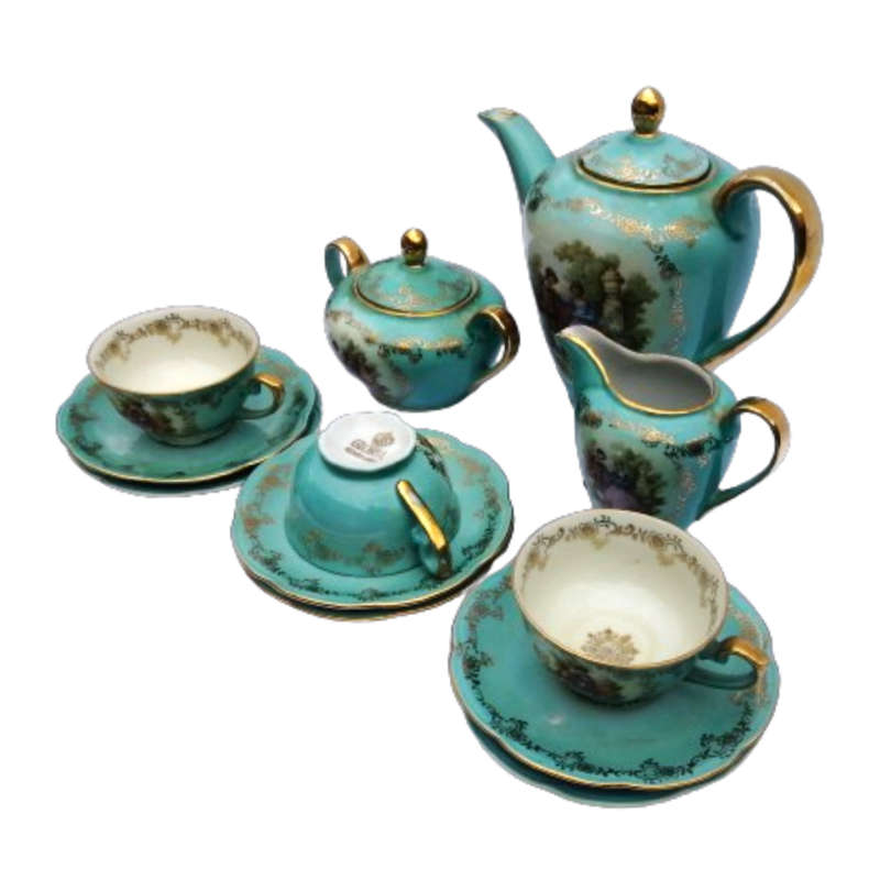 Antique Tea Set Gloria Rembrandt Germany Porcelain Gilt Green Couple