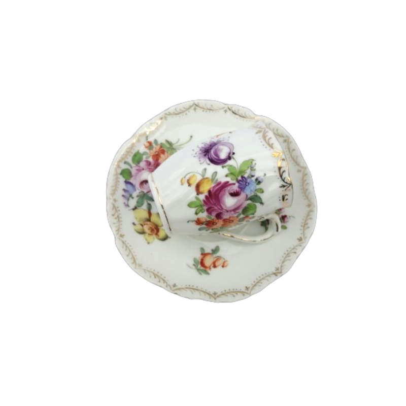 Dresden Porcelain Hand Painted Fluted Floral Coffee Cup and Saucer