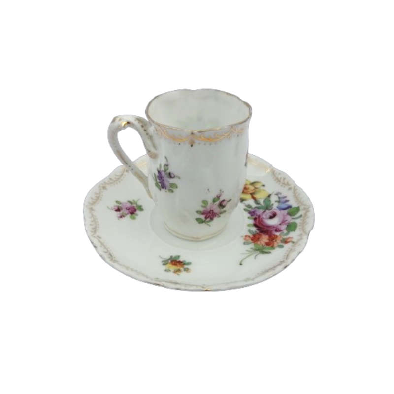 Dresden Porcelain Hand Painted Fluted Floral Coffee Cup and Saucer