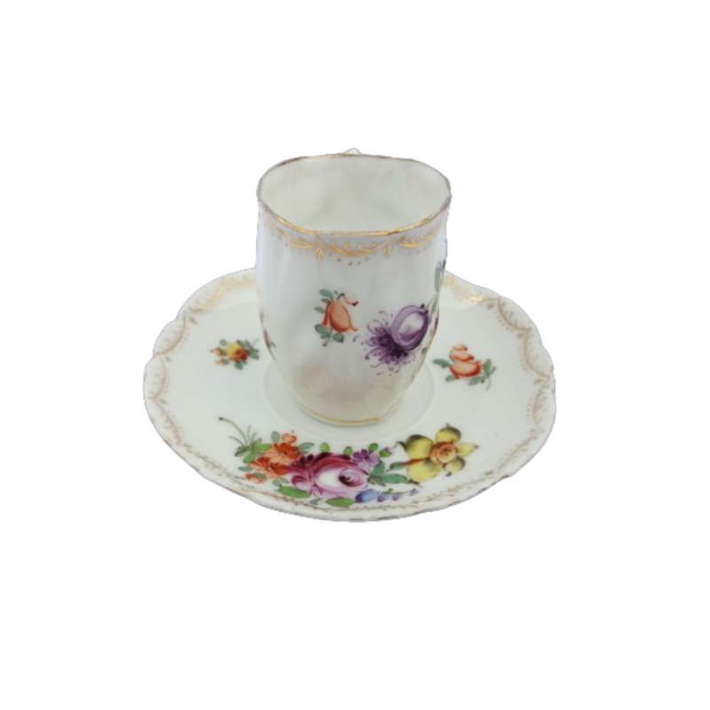 Dresden Porcelain Hand Painted Fluted Floral Coffee Cup and Saucer