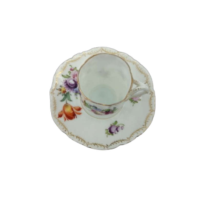 Dresden Porcelain Hand Painted Fluted Floral Coffee Cup and Saucer