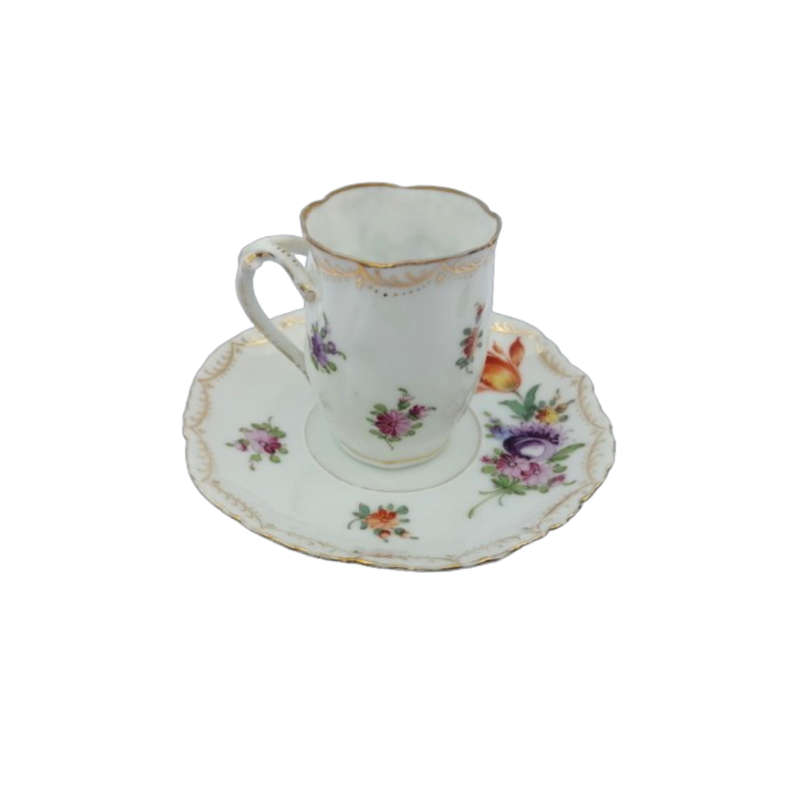 Dresden Porcelain Hand Painted Fluted Floral Coffee Cup and Saucer