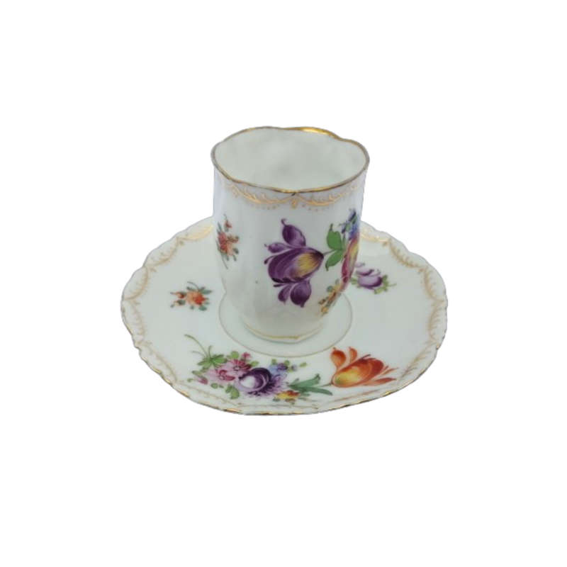 Dresden Porcelain Hand Painted Fluted Floral Coffee Cup and Saucer