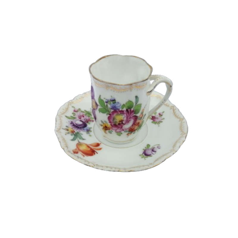 Dresden Porcelain Hand Painted Fluted Floral Coffee Cup and Saucer
