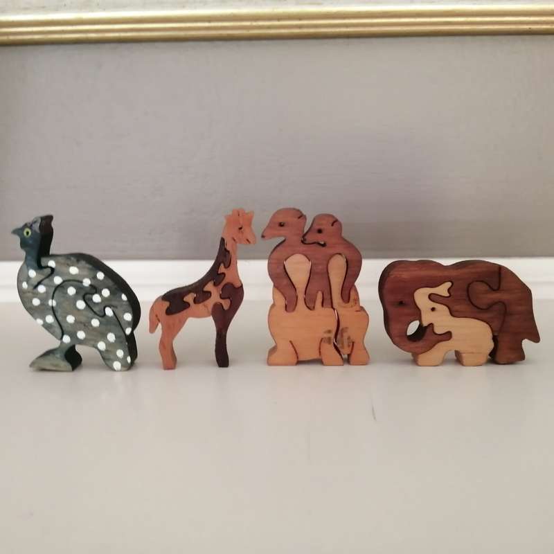 Three Wooden Jigsaw Wild Animals including a Guinea Fowl