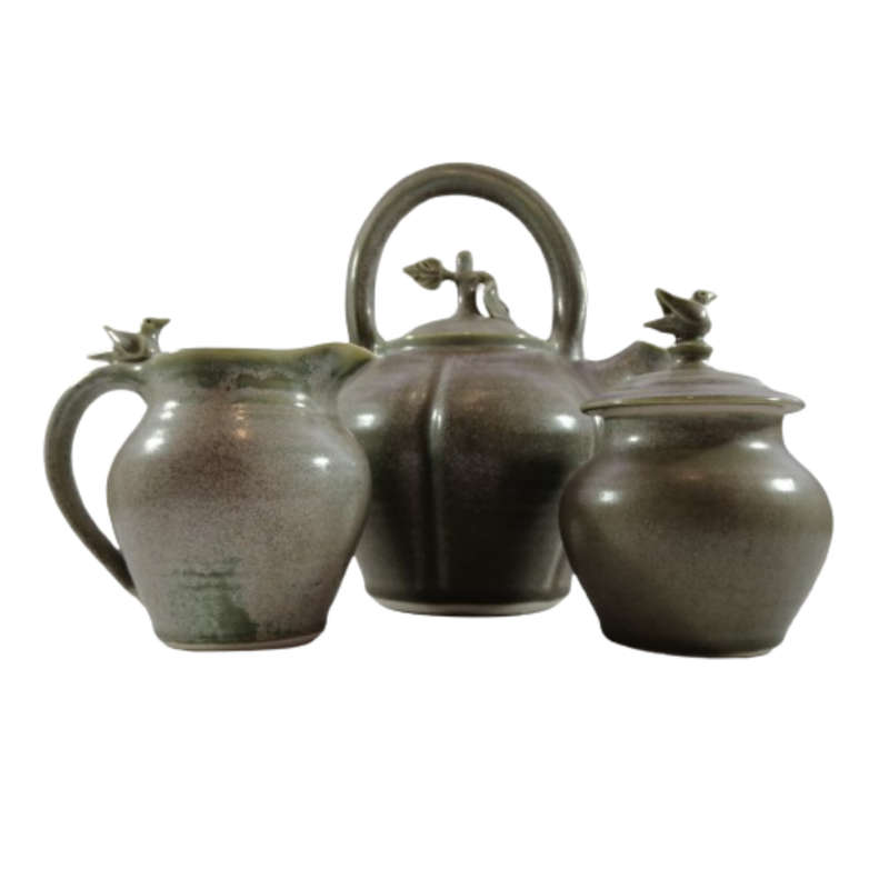 Green Glazed pottery Hand Made Tea Pot Milk Jug and Sugar Bowl
