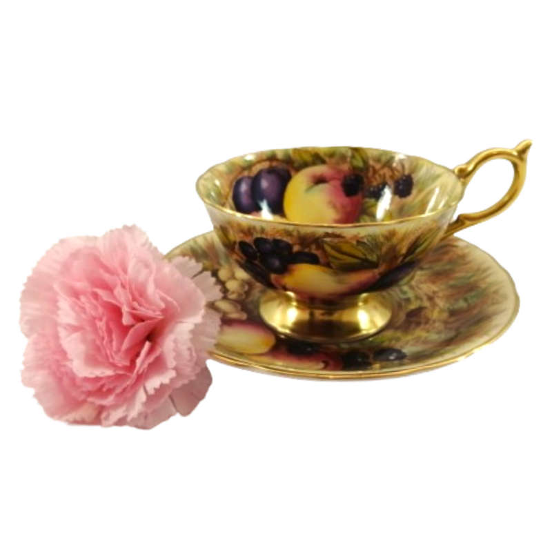 Aynsley Hand Painted Orchard Gold Fruit Cup and Saucer . Signed D. Jones.