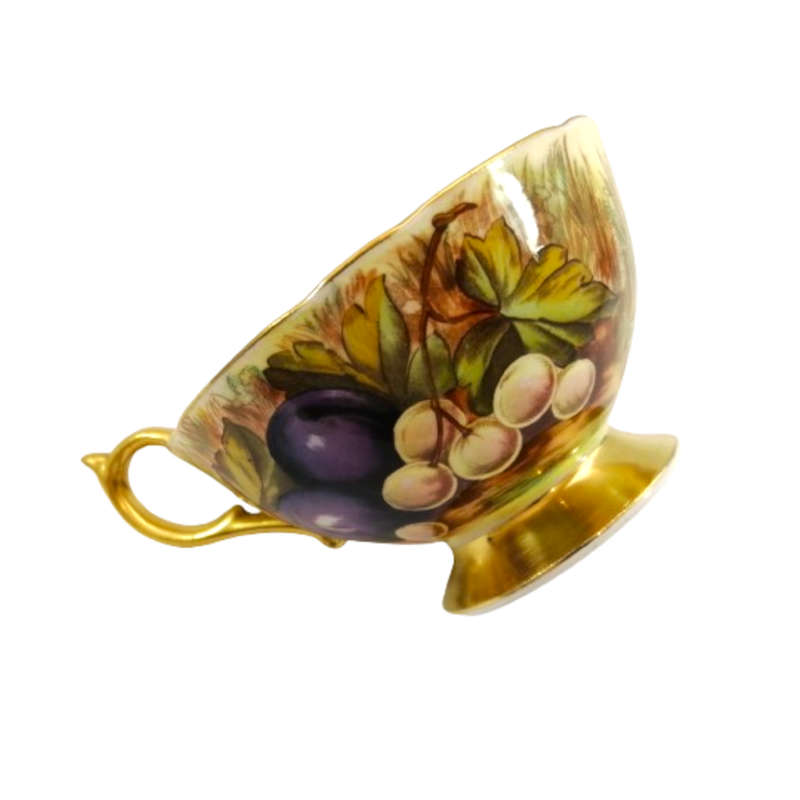 Aynsley Hand Painted Orchard Gold Fruit Cup and Saucer . Signed D. Jones.
