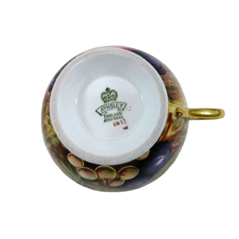 Aynsley Hand Painted Orchard Gold Fruit Cup and Saucer . Signed D. Jones.