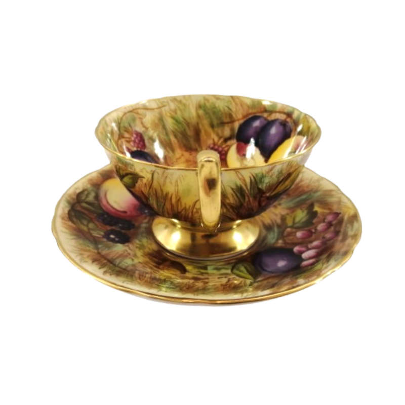 Aynsley Hand Painted Orchard Gold Fruit Cup and Saucer . Signed D. Jones.