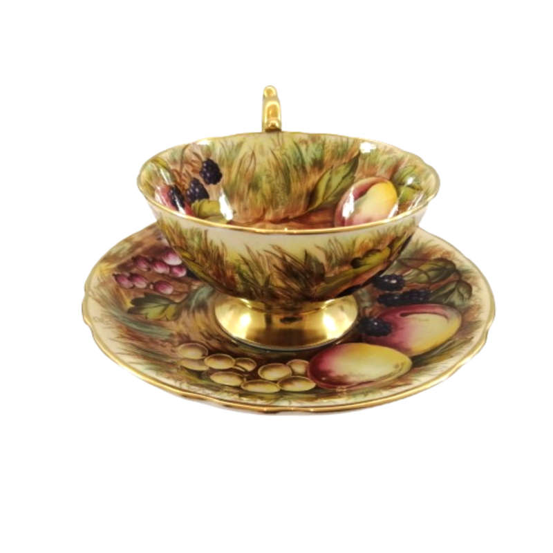 Aynsley Hand Painted Orchard Gold Fruit Cup and Saucer . Signed D. Jones.