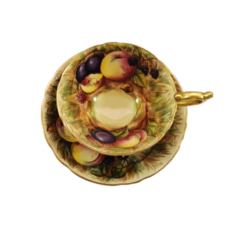 Aynsley Hand Painted Orchard Gold Fruit Cup and Saucer . Signed D. Jones.