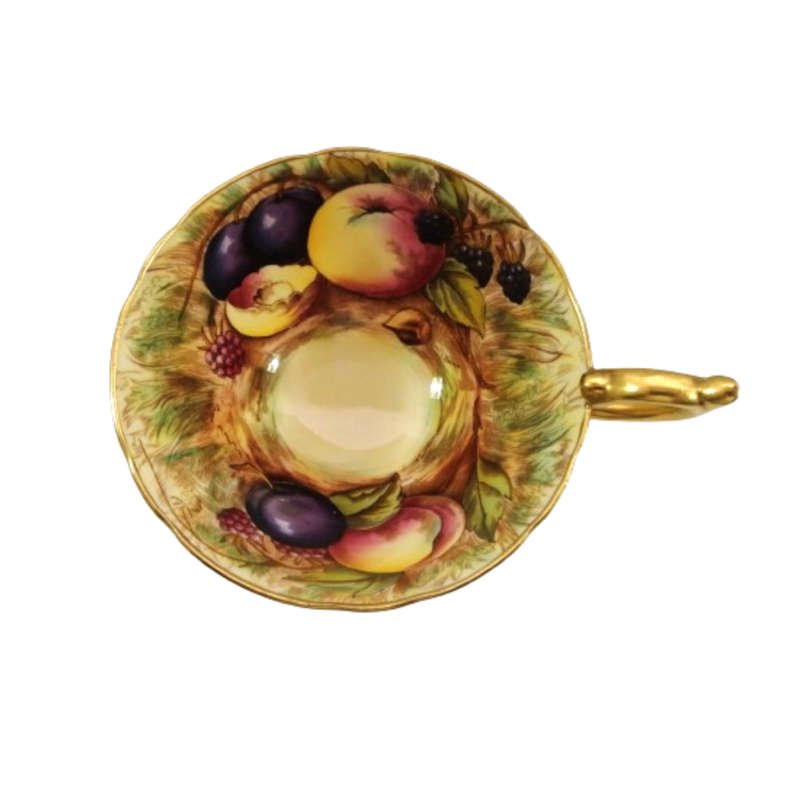 Aynsley Hand Painted Orchard Gold Fruit Cup and Saucer . Signed D. Jones.