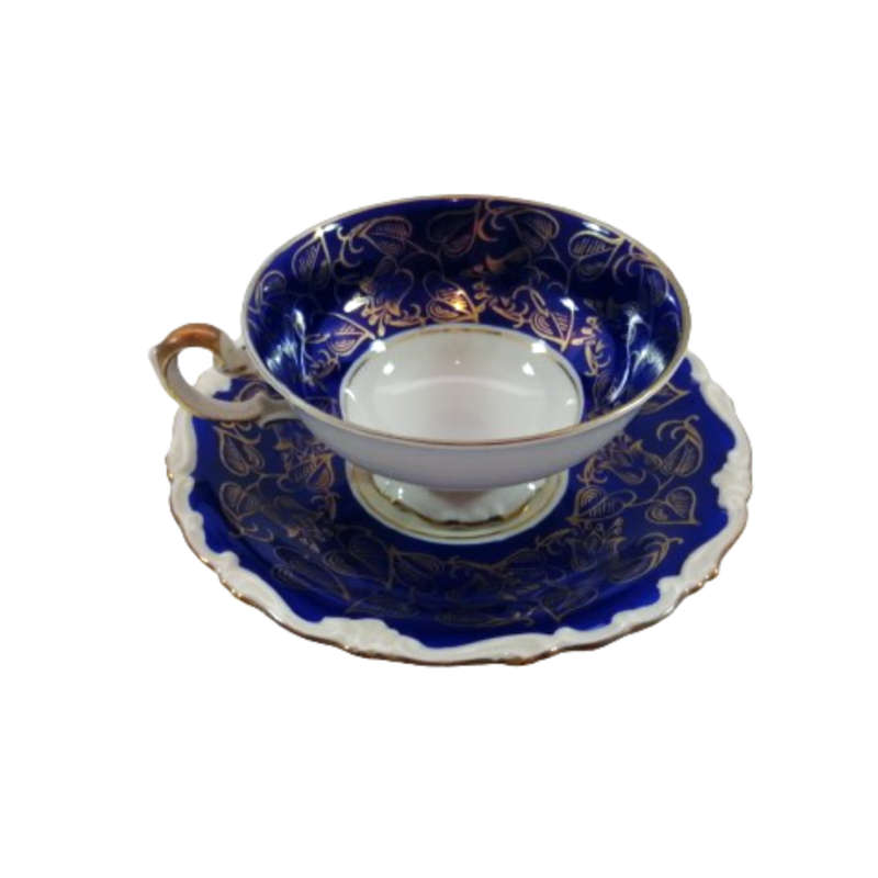Alka Bavaria Porcelain Blue and Gold Tea Cup and Saucer Duo
