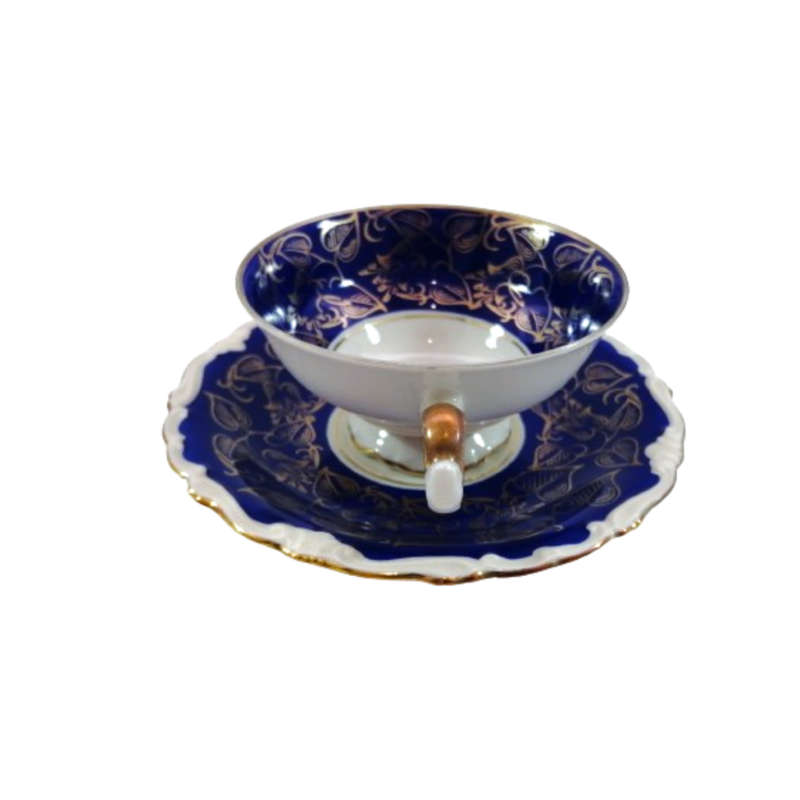 Alka Bavaria Porcelain Blue and Gold Tea Cup and Saucer Duo