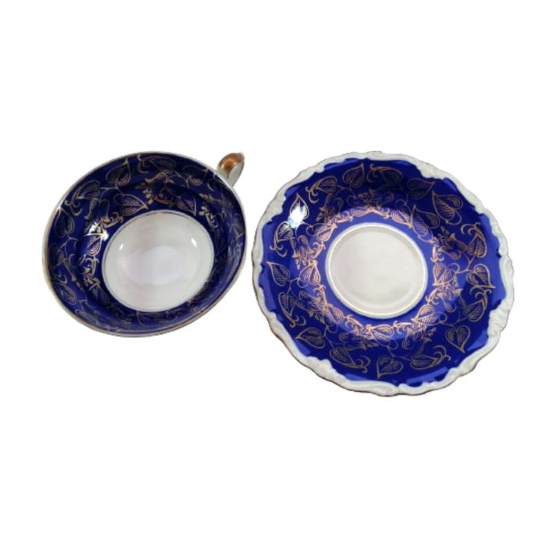 Alka Bavaria Porcelain Blue and Gold Tea Cup and Saucer Duo