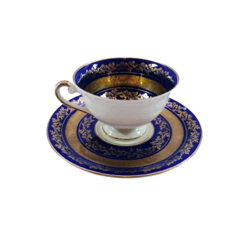 Alka Bavaria Sylvia Porcelain Blue and Gold Tea Cup and Saucer Duo