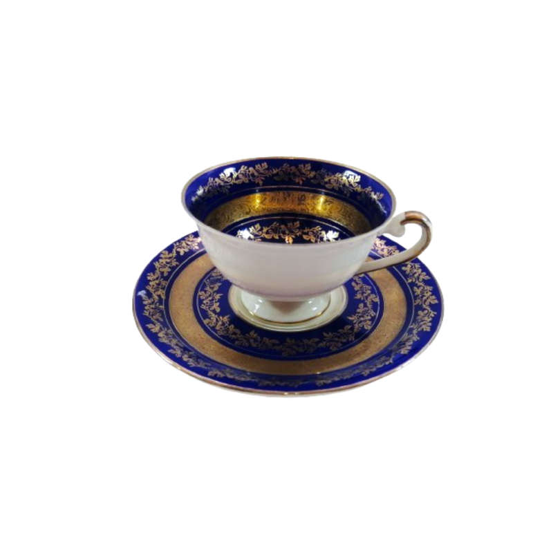 Alka Bavaria Sylvia Porcelain Blue and Gold Tea Cup and Saucer Duo