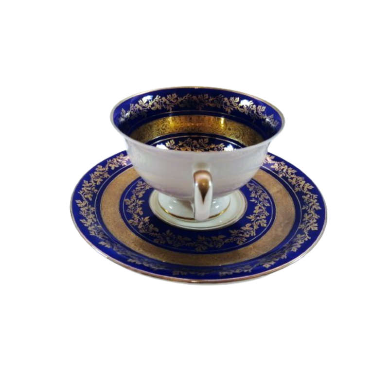 Alka Bavaria Sylvia Porcelain Blue and Gold Tea Cup and Saucer Duo