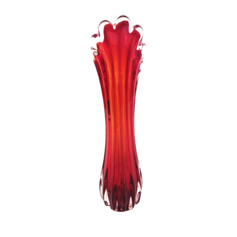 Murano Stunning Red and Orange tall vase with scalloped rim